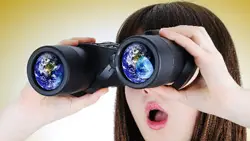 A person is looking through binoculars with there mouth open in apparent disbelief. In the reflection of the binoculars you can see the planet Earth.