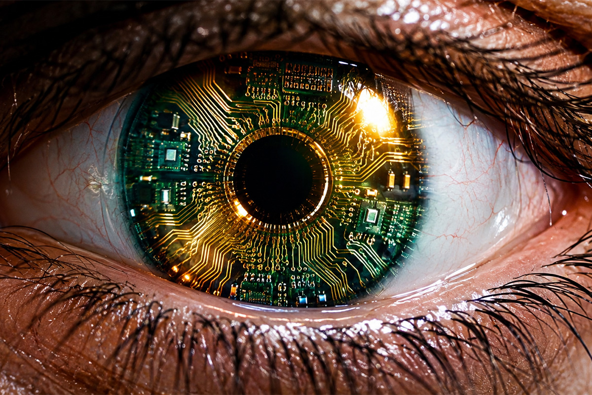 An extreme closeup of an eye with a circuit board as a pupil