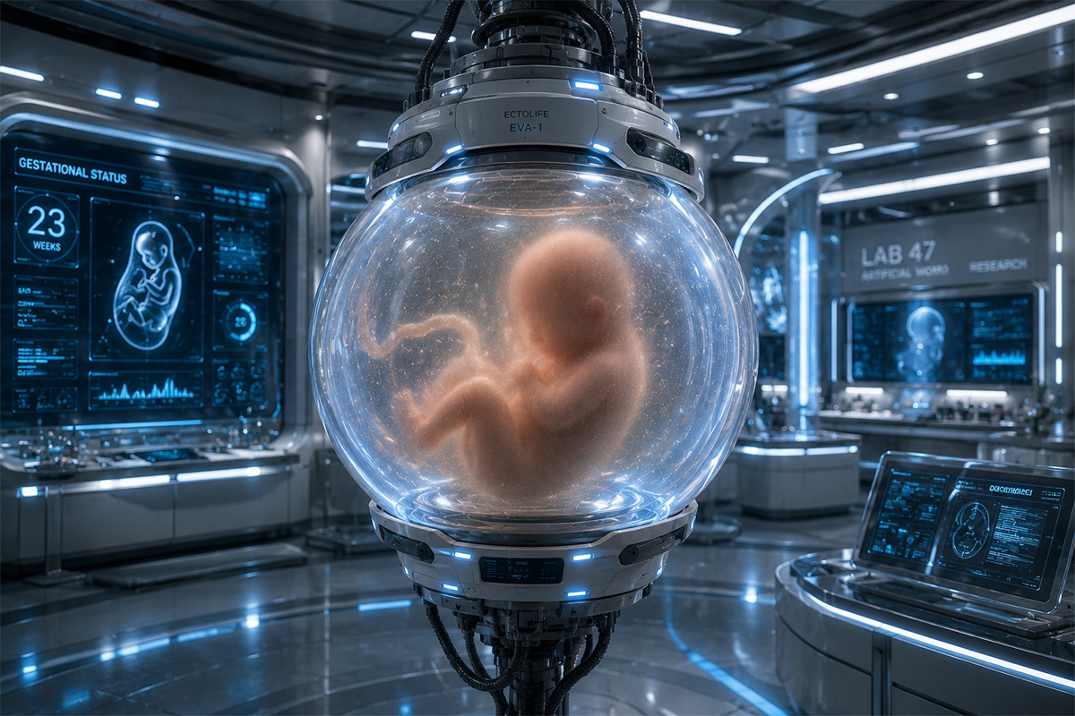A fuzzy shape of a baby can be seen inside a transparent sphere