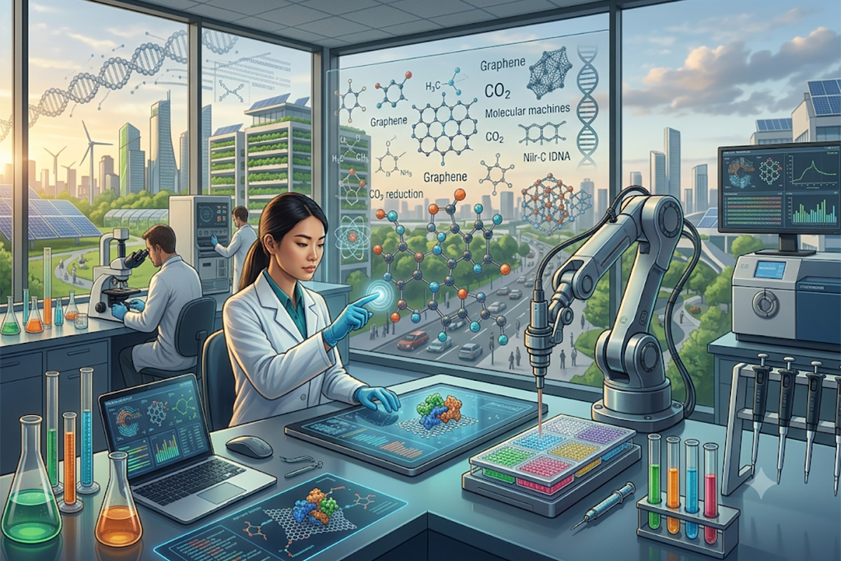 a drawing of molecules on a see-through panel with a chemist interacting with it.