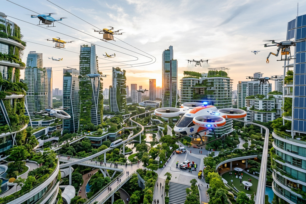 Different types of drones flying over a futuristic garden city.