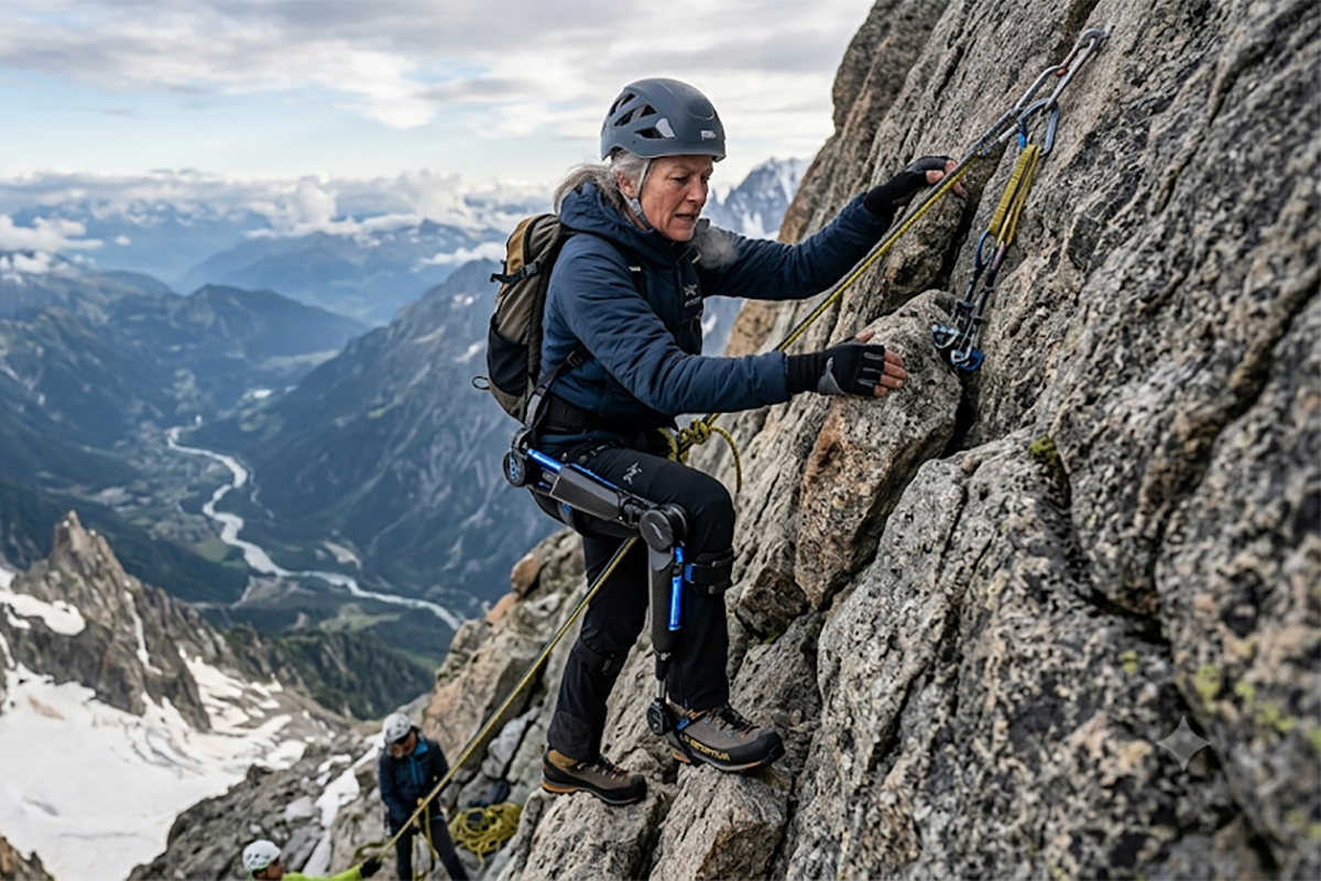 a mature woman making a steep climb on a mountain aided by an exoskeleton