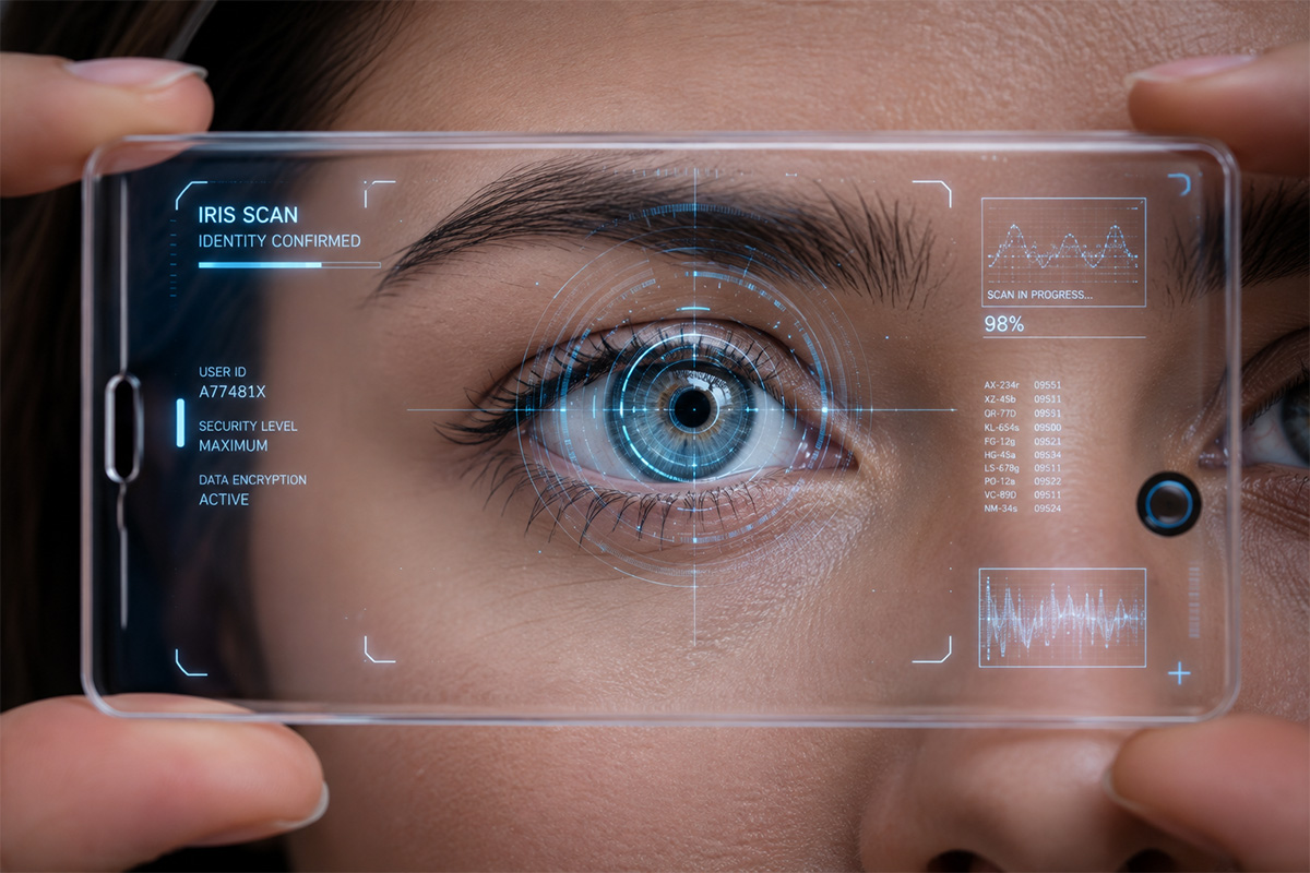 Future Privacy a person is performing an eye scan through a transparent phone