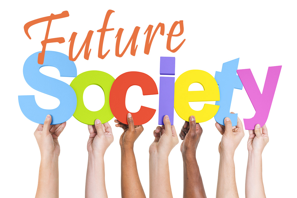 A group of diverse hands and wrists hold up multi-colored letters that closely spell out Society. The word Future is overlayed at the top left.