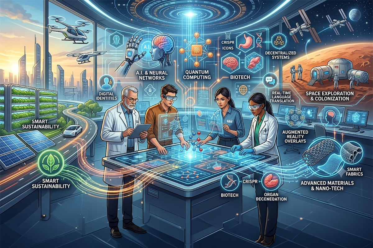 Infographic illustration depicting future technology predictions, featuring scientists collaborating around a holographic table displaying AI, quantum computing, biotechnology, smart sustainability, and space exploration.