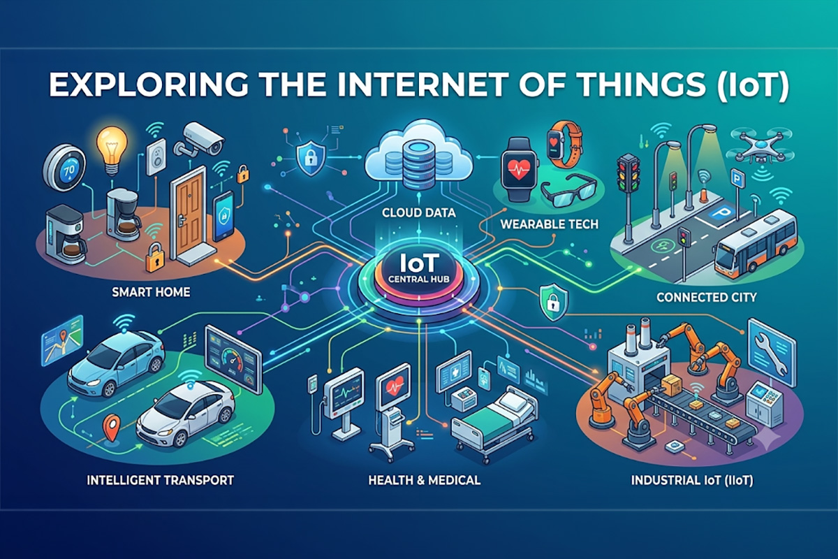 A complex vector infographic with a modern digital style illustrating the Internet of Things ecosystem.