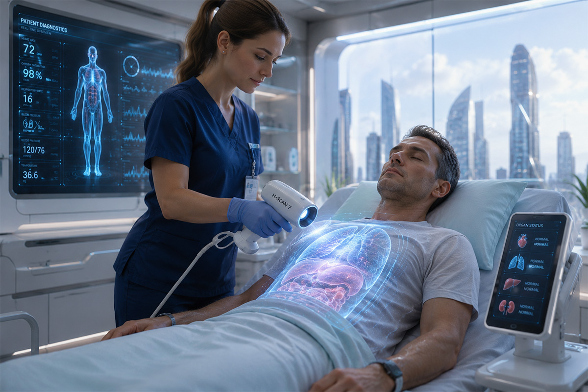 A person in a hospital bed in a futuristic hospital being medically scanned with a handheld scanner by a nurse