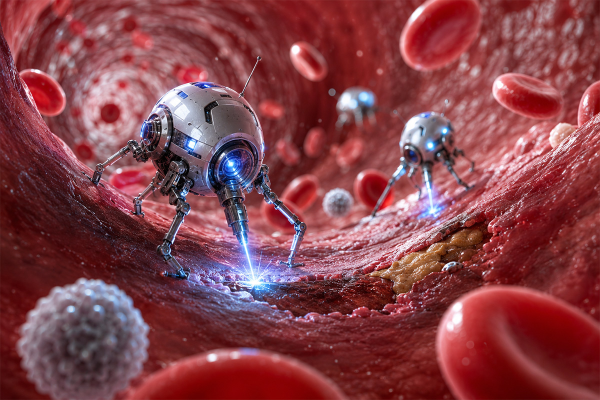 Nanobots repairing a blood vessel