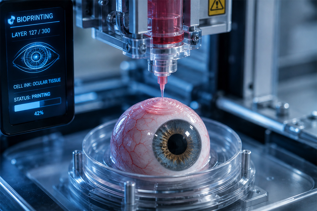 A close up image of a 3d bioprinter printing a human eyeball