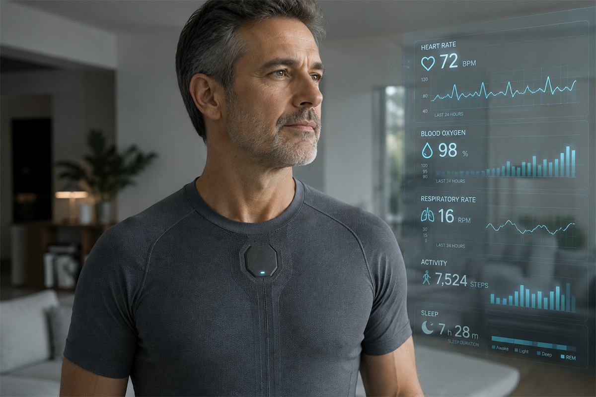 A remote medical monitoring device above the chest is part of the clothing