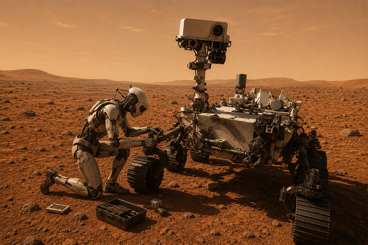 A humanoid robot repairs a rover on Mars