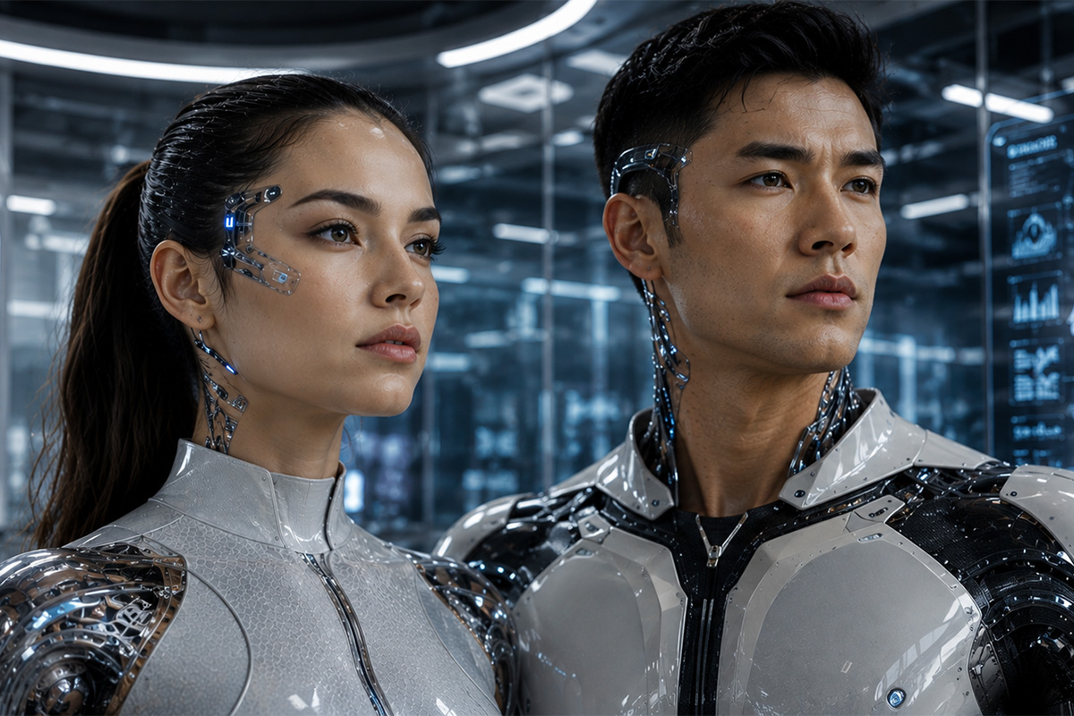A future transhumanist couple with mechanical devices attached to the side of their faces