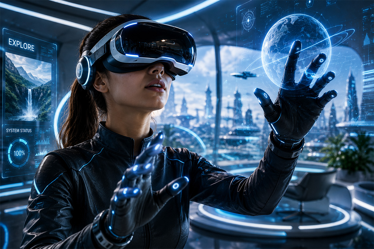 A young person wearing virtual reality  glasses in a futuristic setting