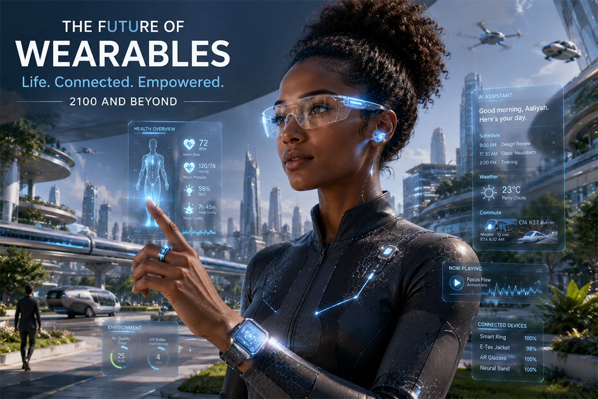 A person wearing many wearables in the year 2100