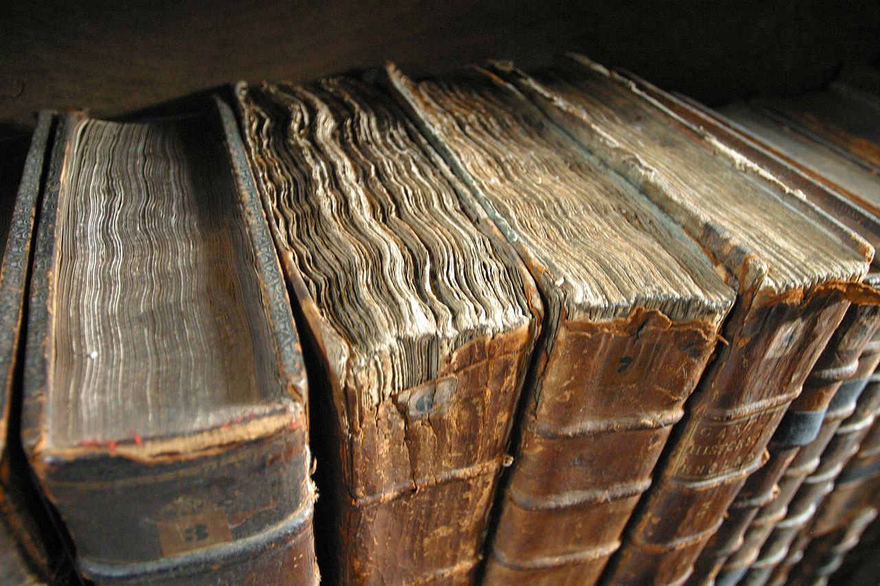 old book bindings are torn and tattered