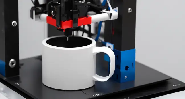 3d printer printing a white coffee mug