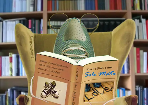 A tennis shoe with rimmed glasses on in a library reading a book How to Find Your Sole Mate