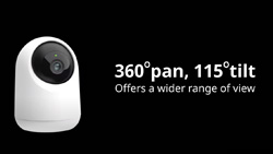 A white table cam that is rounded on the top. The text reads 360 pan, 115 tilt Offers a wider range of view.