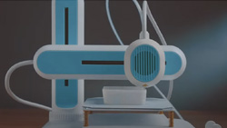 A closeup view from the front of a light blue and white 3d printer that is printing a white rectangular 3d object.