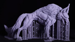 A light purple 3d print of a mythical creature that resembles a wolf. There are supporting struts all across the bottom