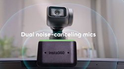 An AI 4K webcam. Text reads Dual noise cancelling mics.