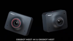 Two small, carbon black, square webcams are shown on a black background. Text reads Obsbot Meet 4K and Obsbot Meet.