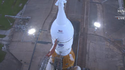 The Artemis I rocket on the launch pad as seen from above