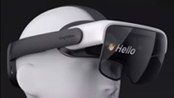 A closeup of a mannequin with an AR headset on. On the front of the AR glasses is the word Hello.