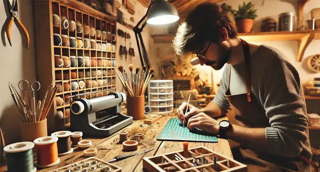 An illustration of a person working on crafts at a workbench