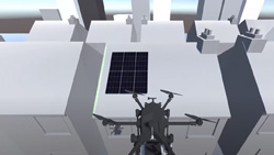 A grayscale 3d representation of a drone approaching a solar panel on a roof