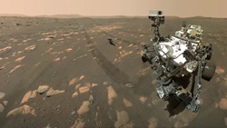An image of the Perseverence rover on Mars.