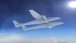 A massive dual-hulled aircraft in flight