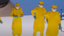 a closeup of 3 figurines of people in hazard suits