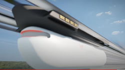 A side view of a white hyperloop capsule attached to a rail above with the horizon and blue sky with clouds behind. Artist's rendition.