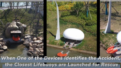 A white pod is open and launching a red saucer-shaped buoy at the lakeshore.