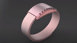 A closeup of a metallic rose colored wrist band with a curved display