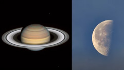 Split screen of Saturn and the Moon