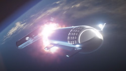 An artist's depiction of a booster separating from large rocket in orbit.