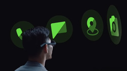 A closeup of a person wearing black glasses looking away from the camera. Superimposed in front of the person are 4 floating green round icons. From left to right, the icons are Phone, Text, Location Pin, Camera.