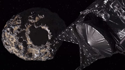 A satellite approachs an asteroid in space.