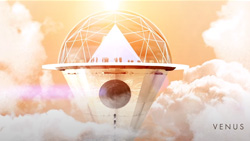 A view from the side, from a distance, of a domed glass structure sitting on top of a beige pedestal platform. A white pyramid with presumably people around it is in the center of the platform under the dome. The whole thing is sticking up from the clouds with an orange-yellow sky with the sun just out of frame at the top center.