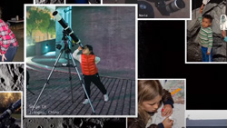A collage of pictures shows kids looking through telescopes and drawing.