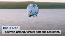 a round plastic ball that has circuitry on it, that is about the size of a volley ball, with short legs hovers above water with the blurred horizon in the background. Text reads This is Artie - a seven-armed, virual octopus assistant 