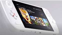 A white handheld gaming console