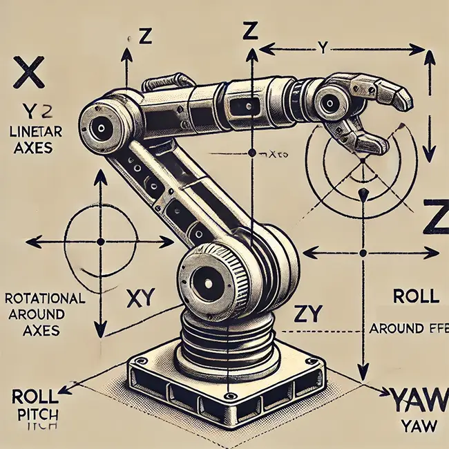 An illustration of a robot arm showing the different axes and degrees of freedom