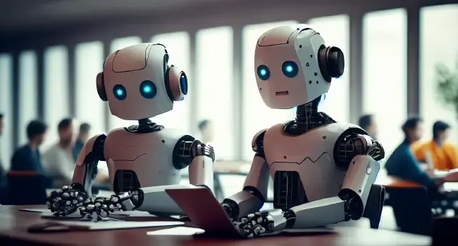 Humanoid robot workers in an office