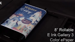 Color epaper screen is being unrolled and has a winter scene. Text reads 8 inch rollable E Ink Gallery 3 Color ePaper