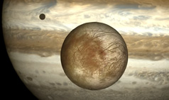 An artist's rendering of the moon Europa with Jupiter behind it.