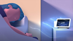 a clipart image of a person sleeping in bed on the left and a horizontal picture frame sized device with 2:15 displayed and radio type waves emanating from it towards the sleeper