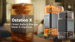 The Ostation X 3-in-1 device that automatically charges, tests, and stores rechargeable batteries